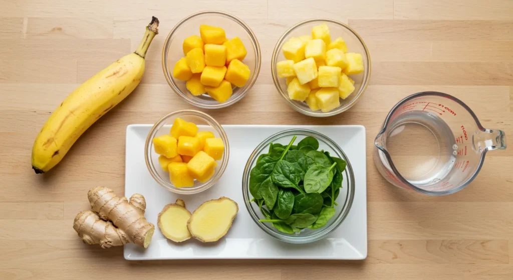 Tropical Island Green Ingredients for Smoothie full recipe with vibrant greens and fruits