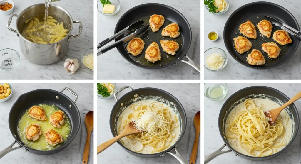 Steps Of Garlic Butter Chicken Bites with Savory Creamy Parmesan Pasta