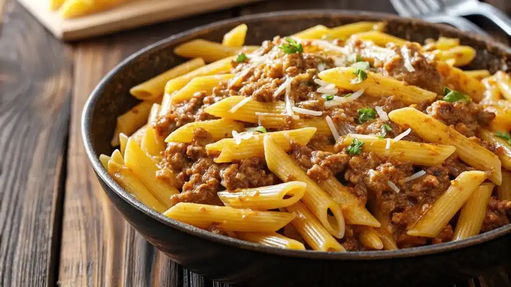 Flat lay of fresh ingredients for Cheesy Penne with Garlic Butter Ground Beef, including penne pasta, ground beef, minced garlic, and shredded cheese.
