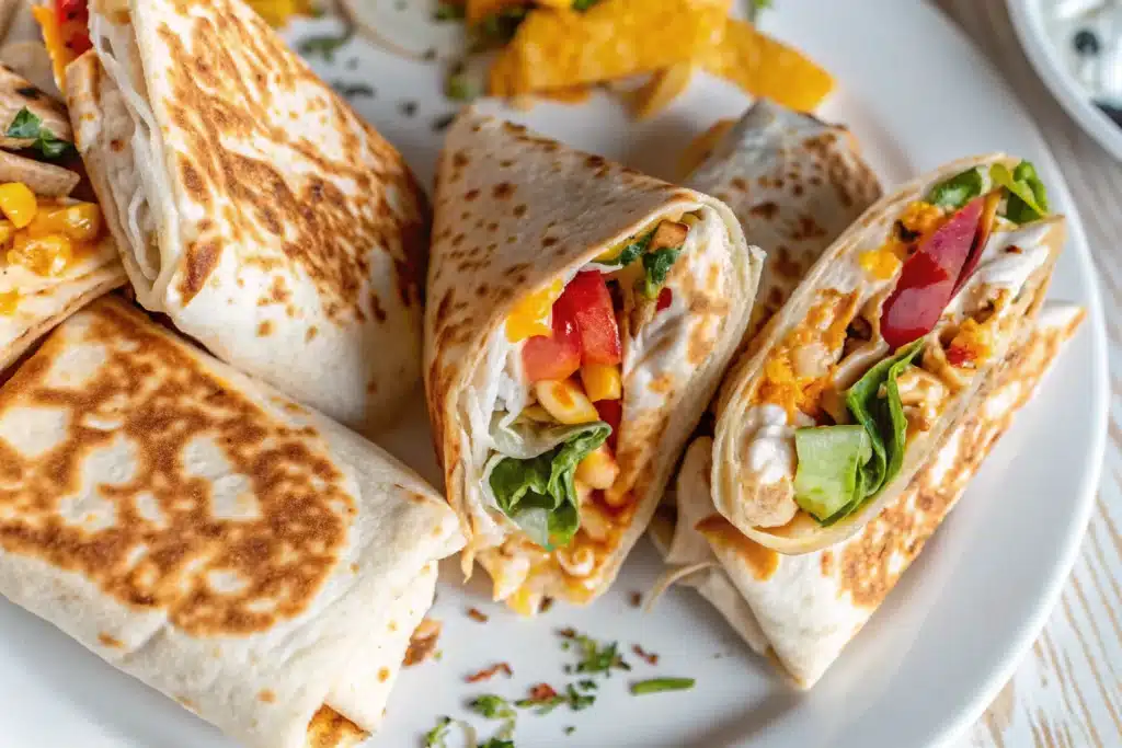 Sliced Chipotle Ranch Grilled Chicken Burrito showing grilled chicken, lettuce, tomato, and cheese