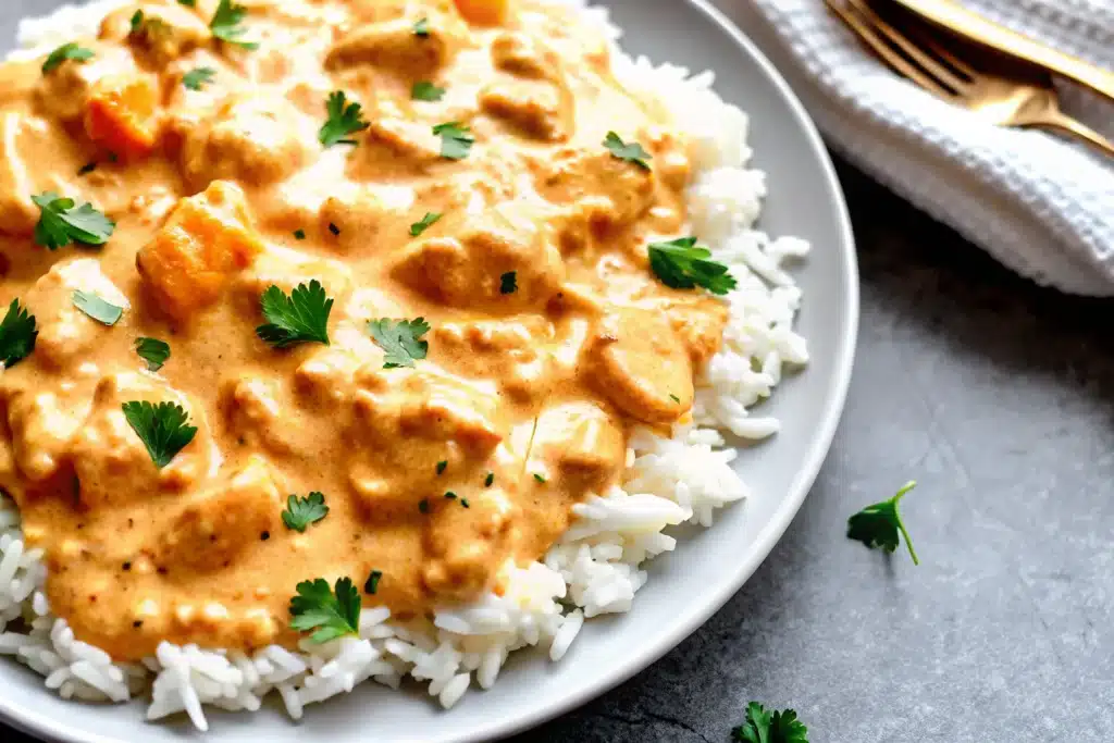 Creamy Smothered Chicken and Rice cooked in a cast iron skillet with herbs