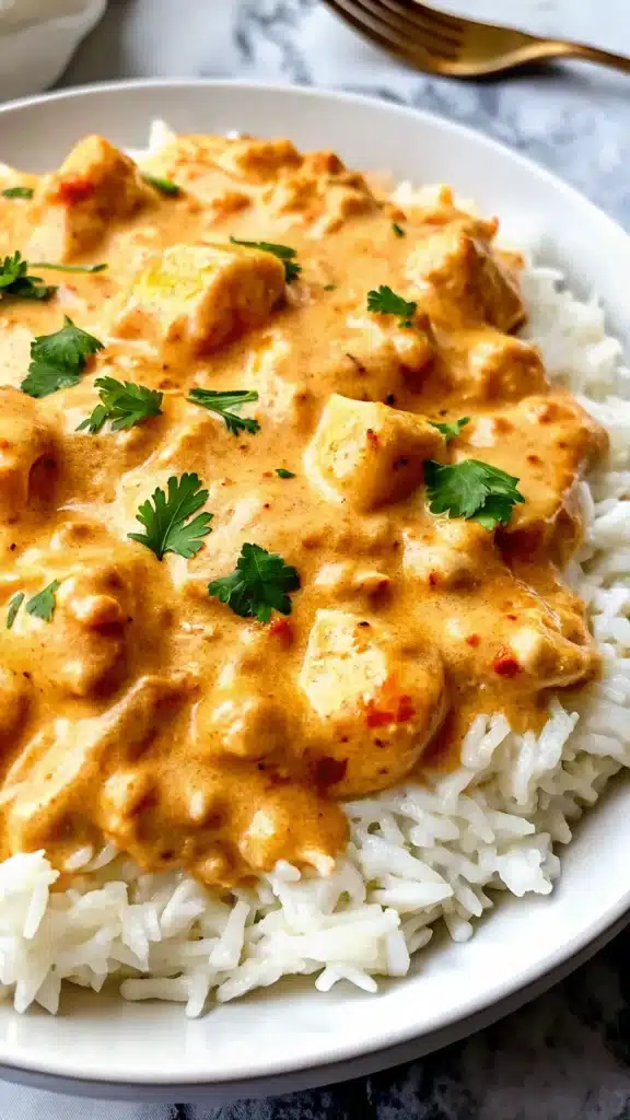 Creamy Smothered Chicken and Rice served on a dinner plate with vegetables