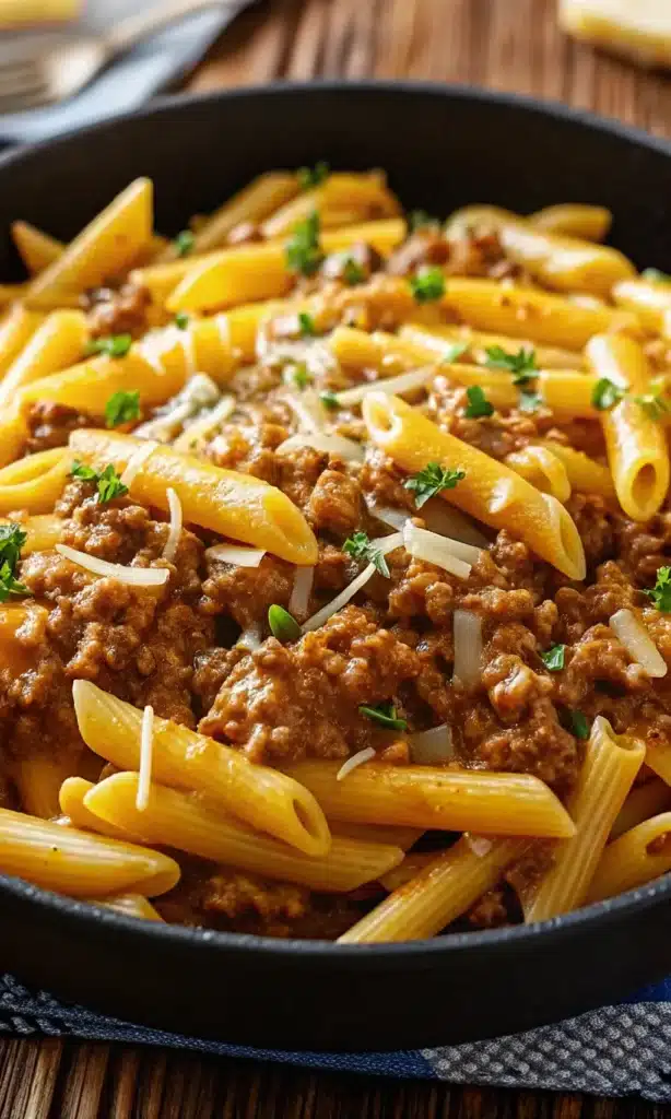 Delicious serving of Cheesy Penne with Garlic Butter Ground Beef, featuring creamy pasta topped with melted cheese and garnished with fresh parsley.