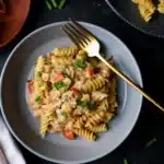 Bowl of creamy Rotel pasta with ground beef, topped with green onions, ready to serve