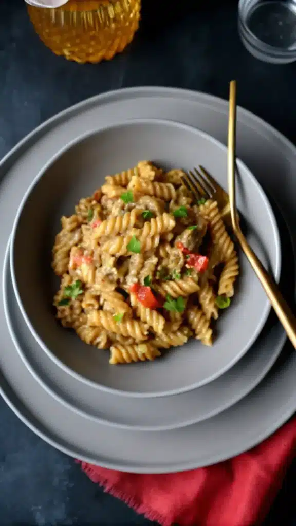 Ingredients for creamy Rotel pasta, including rotini, Velveeta, cream cheese, and Rotel tomatoes