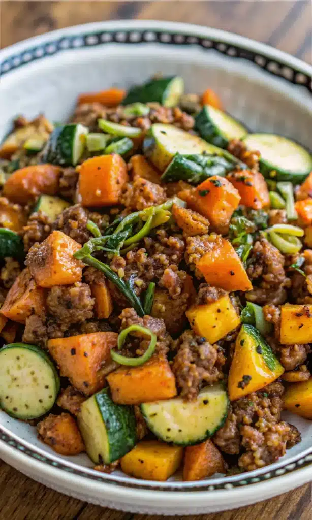 Fresh ingredients for Ground Beef Zucchini Sweet Potato Skillet arranged on a cutting board, including ground beef, zucchini, sweet potatoes, onion, and garlic.