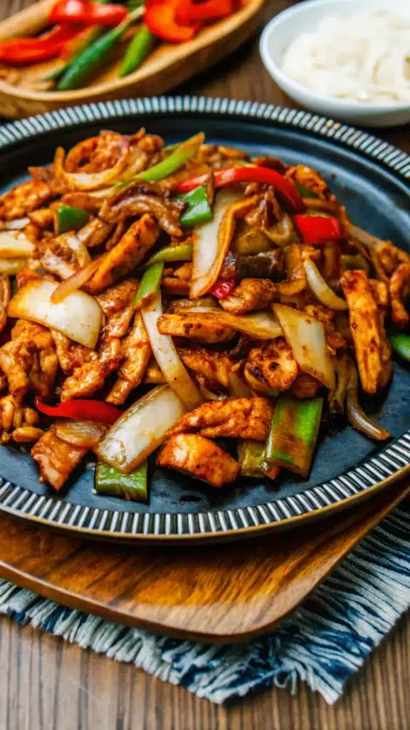 Black pepper chicken served in a white ceramic bowl with sliced bell peppers and onions